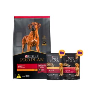 Kit Pro Plan Ração Seca Frango e Rações Úmidas com 8 Carne e 8 Frango Cães Adultos Porte Grande - 16 Sachês + 15 Kg Frango 15 kg